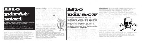 Panel má grafiku ve stylu titulní strany novin Museo Mundial_CZ_Biopiracy_2