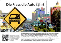 Jeden ze čtyř bannerů pojednává o boji Manal al-Šarif za právo žen řídit auto Plakat_Gender