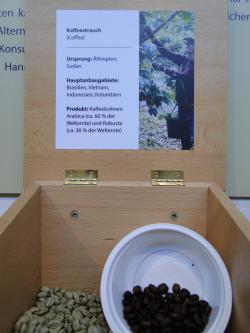 The boxes below the maps contain ancient and modern global products that may be touched (here: coffee) Coffee_Trade