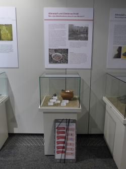 An overview of the installation placed next to a showcase displaying an ancient hoard Overview Recycling